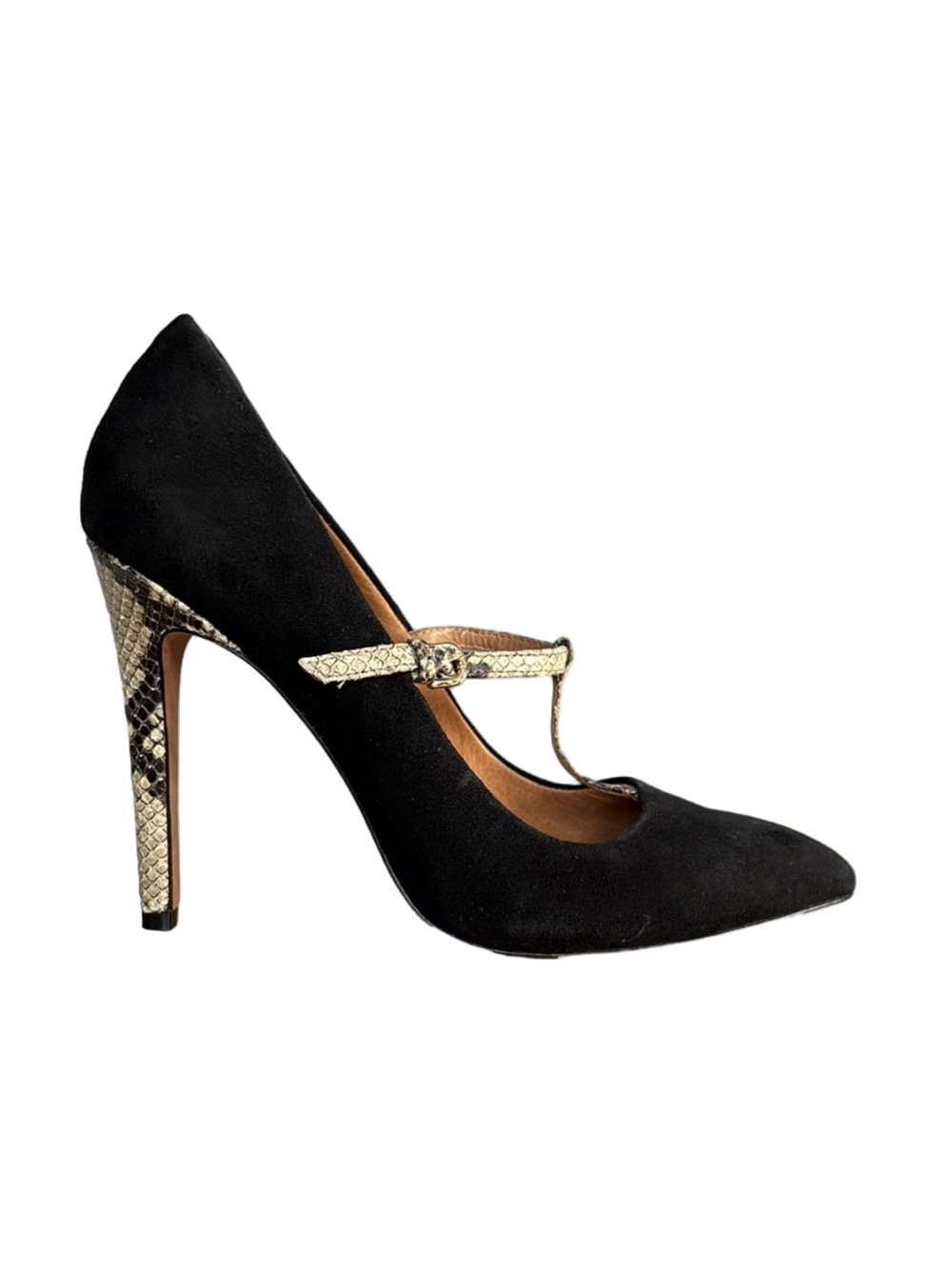 Coach Fulton Black Suede Snakeskin T-Strap Pointed Toe Stiletto Heels size 8.5